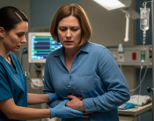 Abdominal pain ER or urgent care treatment room Odessa Texas emergency facility with diagnostic equipment