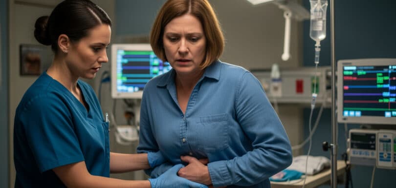 Abdominal pain ER or urgent care treatment room Odessa Texas emergency facility with diagnostic equipment