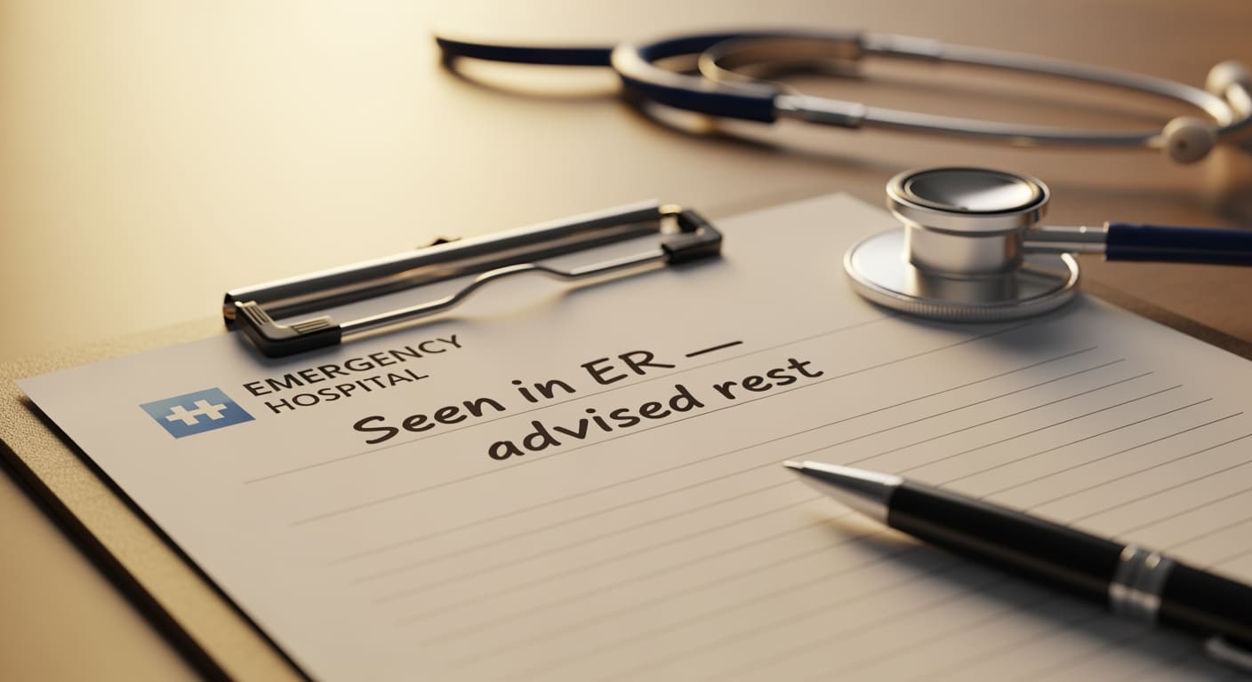 Board-certified physician signing emergency room excuse note for patient