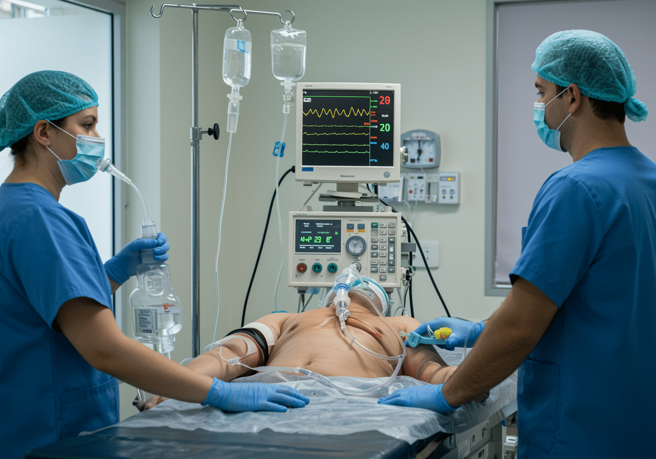 Priority ER medical team providing emergency STEMI treatment and cath lab coordination