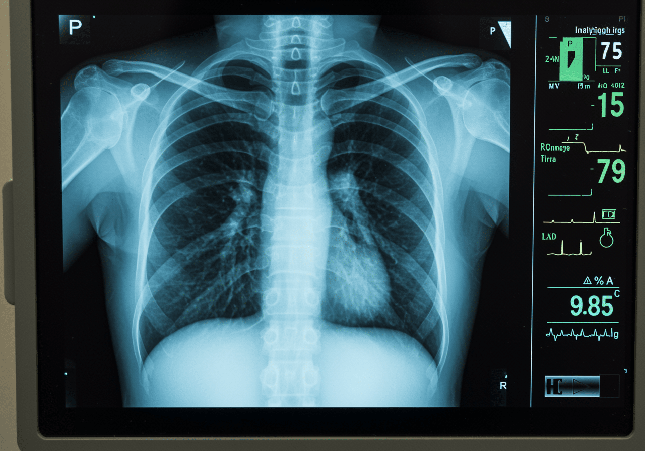 Priority ER respiratory emergency team evaluating patient with chest imaging
