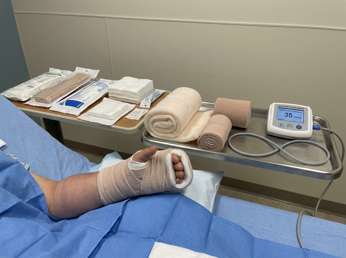 Priority ER medical team performing compartment pressure monitoring and treatment planning