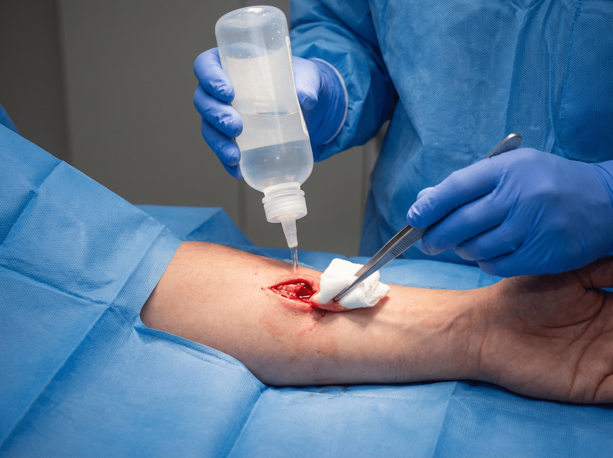 Emergency physician performing ultrasound-guided deep puncture wounds and foreign body removal at Priority ER