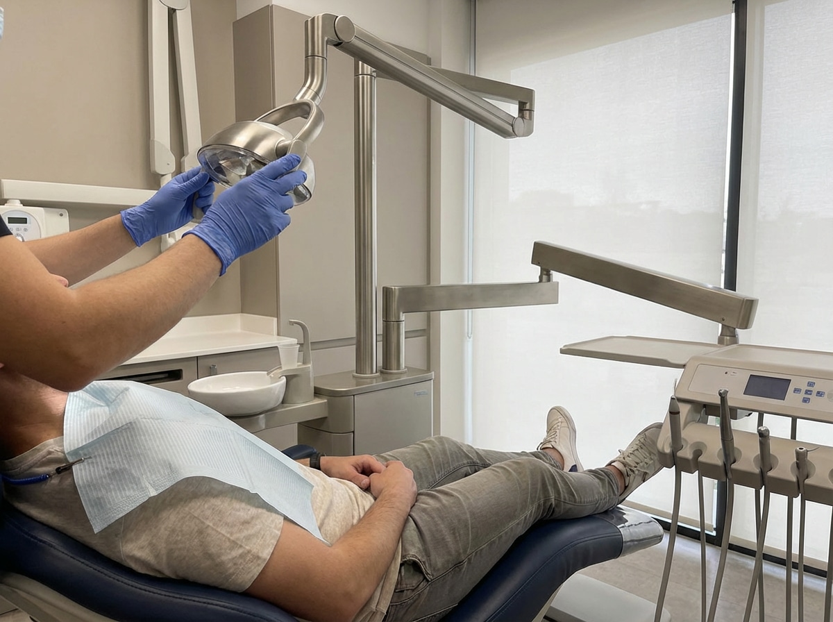 Dentist fitting custom athletic mouthguard for dental injury prevention