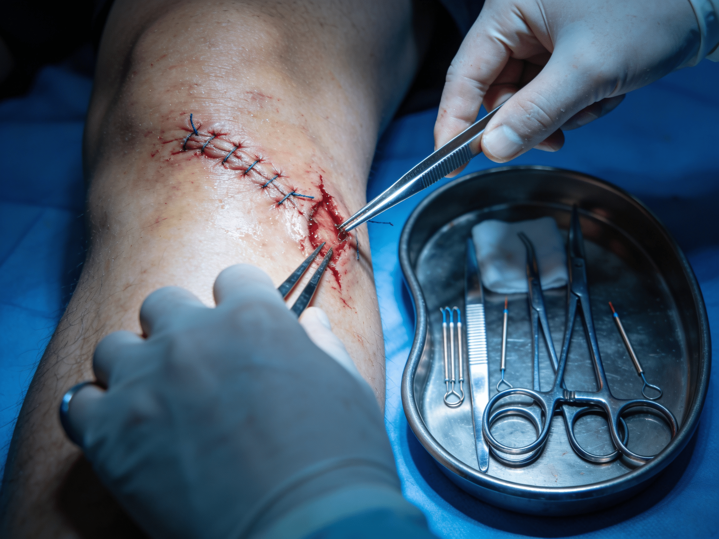 Priority ER medical team performing expert laceration repair and suturing