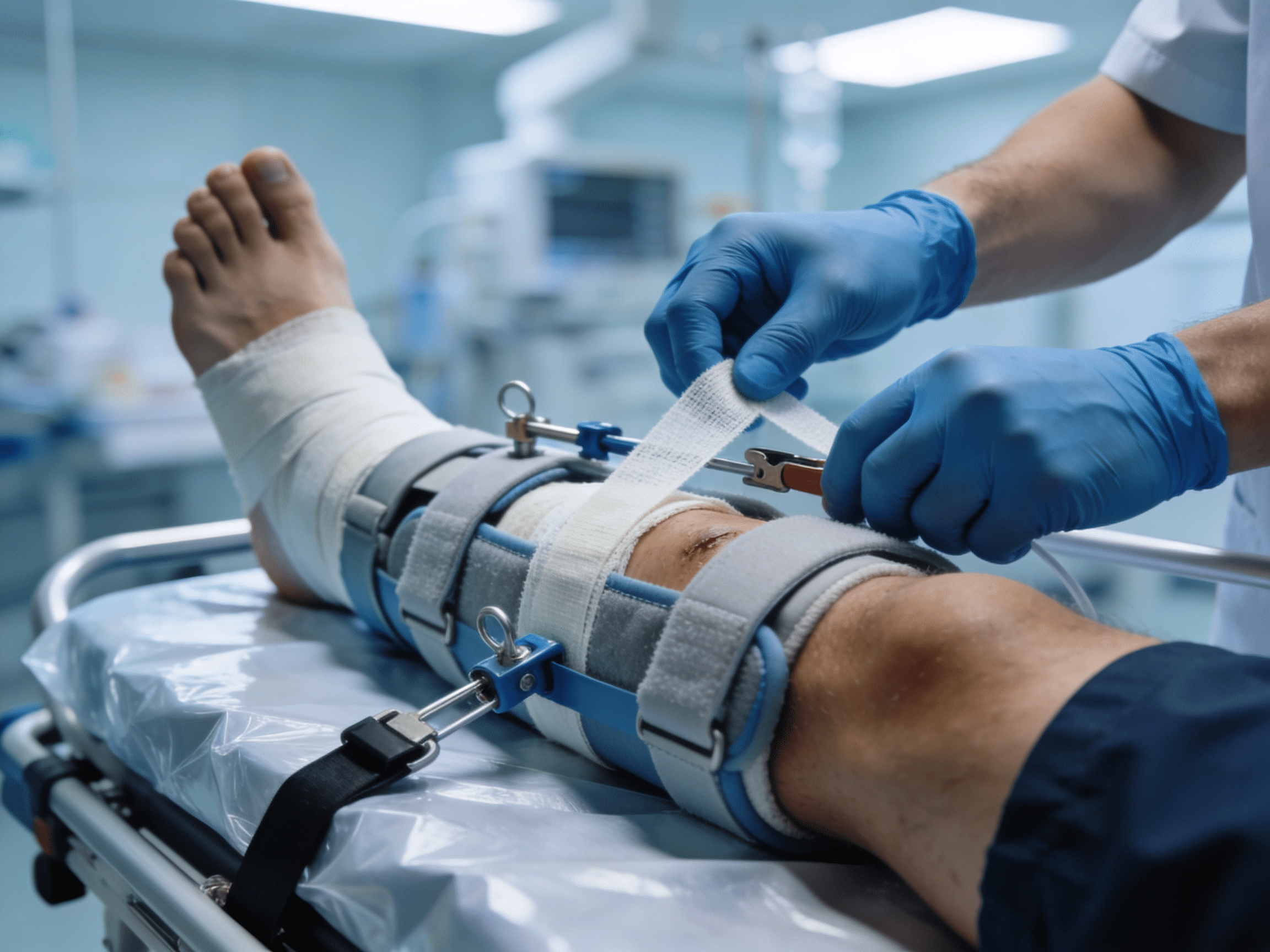 Priority ER medical team providing emergency fracture reduction and splinting