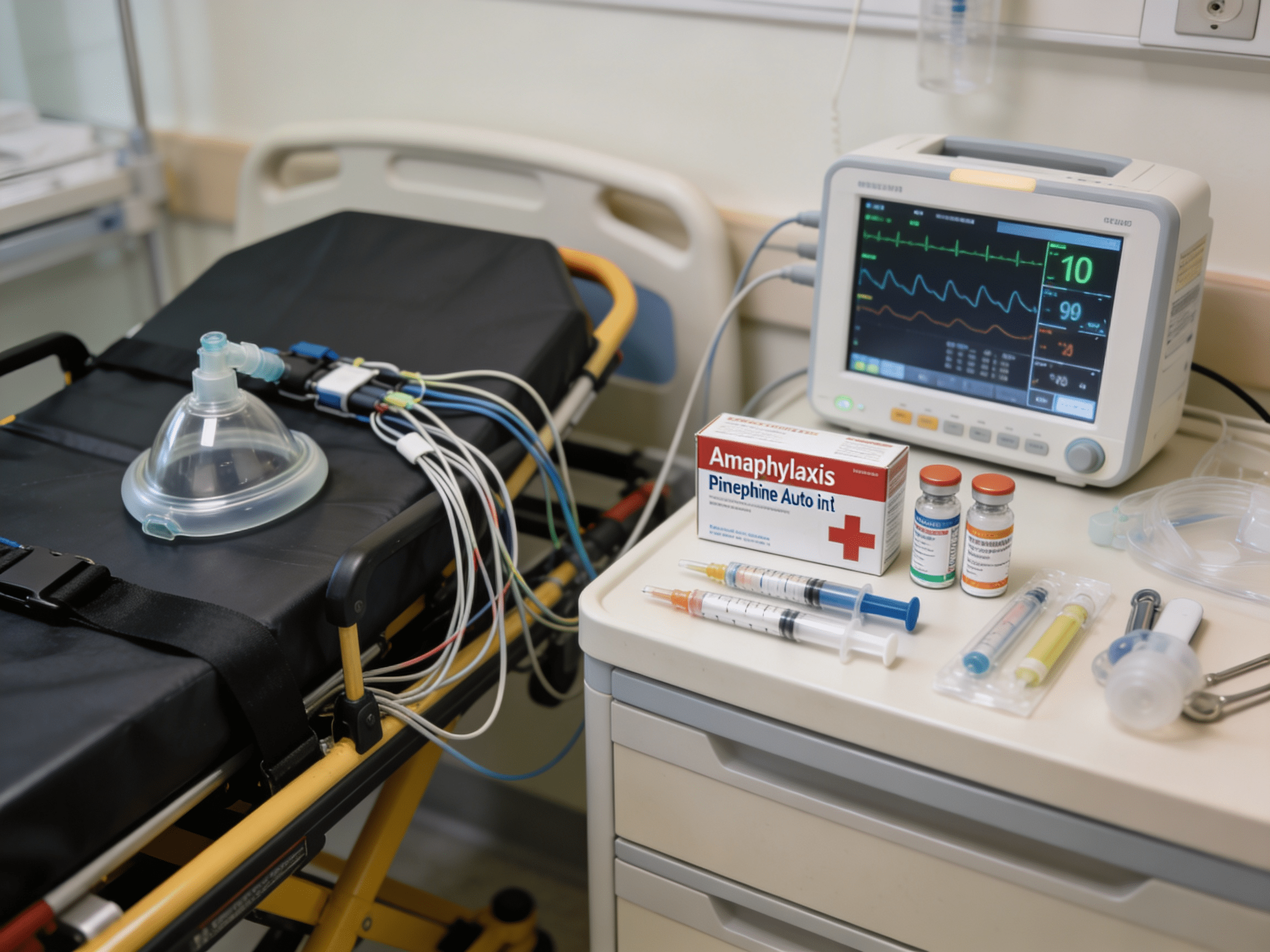 Priority ER medical team providing emergency anaphylaxis treatment and monitoring