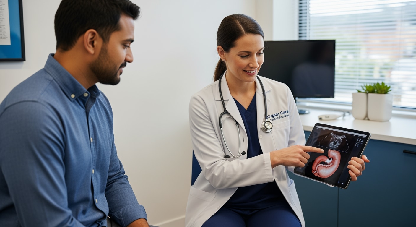 Priority ER medical team performing abdominal emergency evaluation