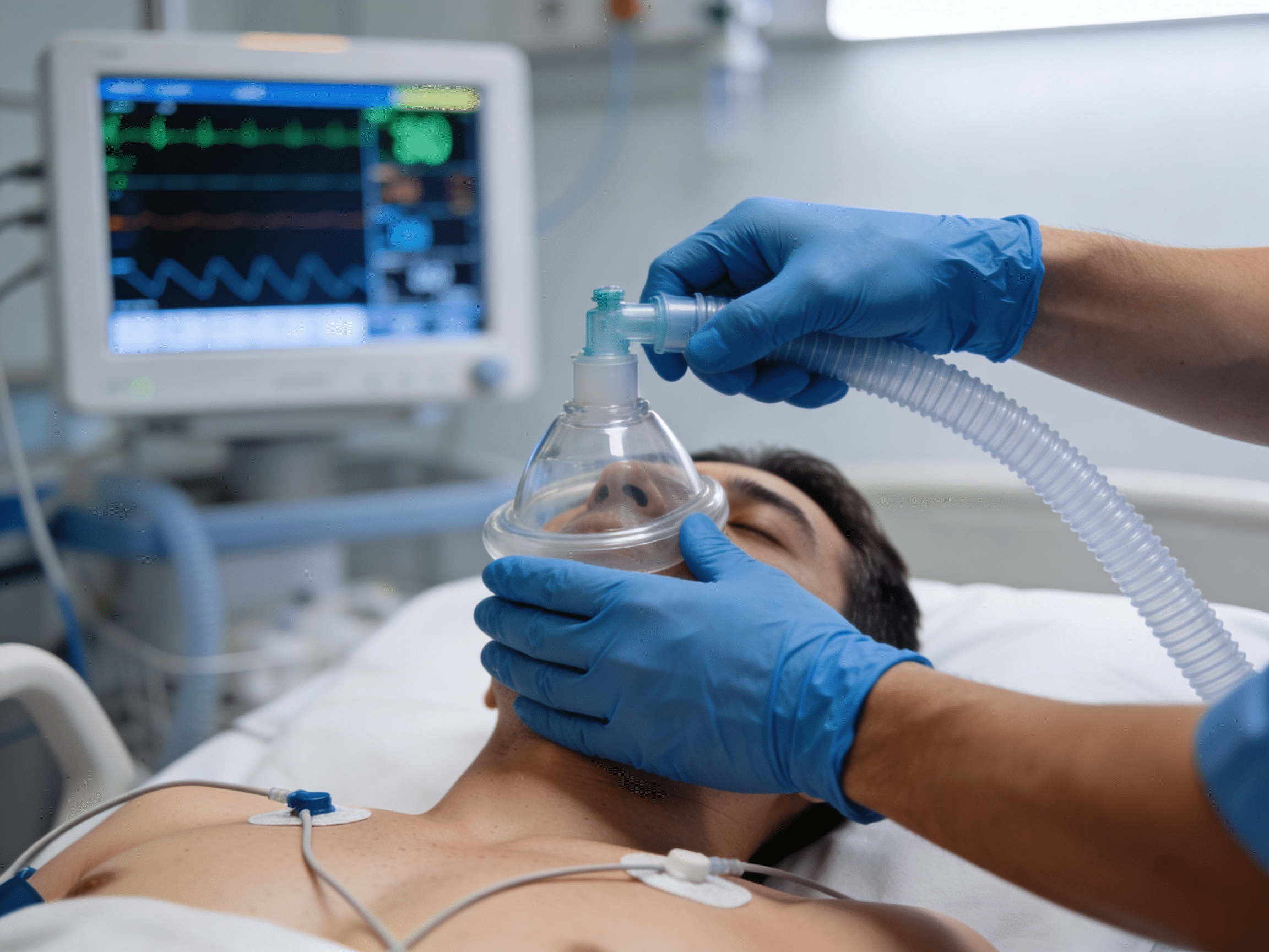 Priority ER medical team providing emergency respiratory treatment and oxygen therapy