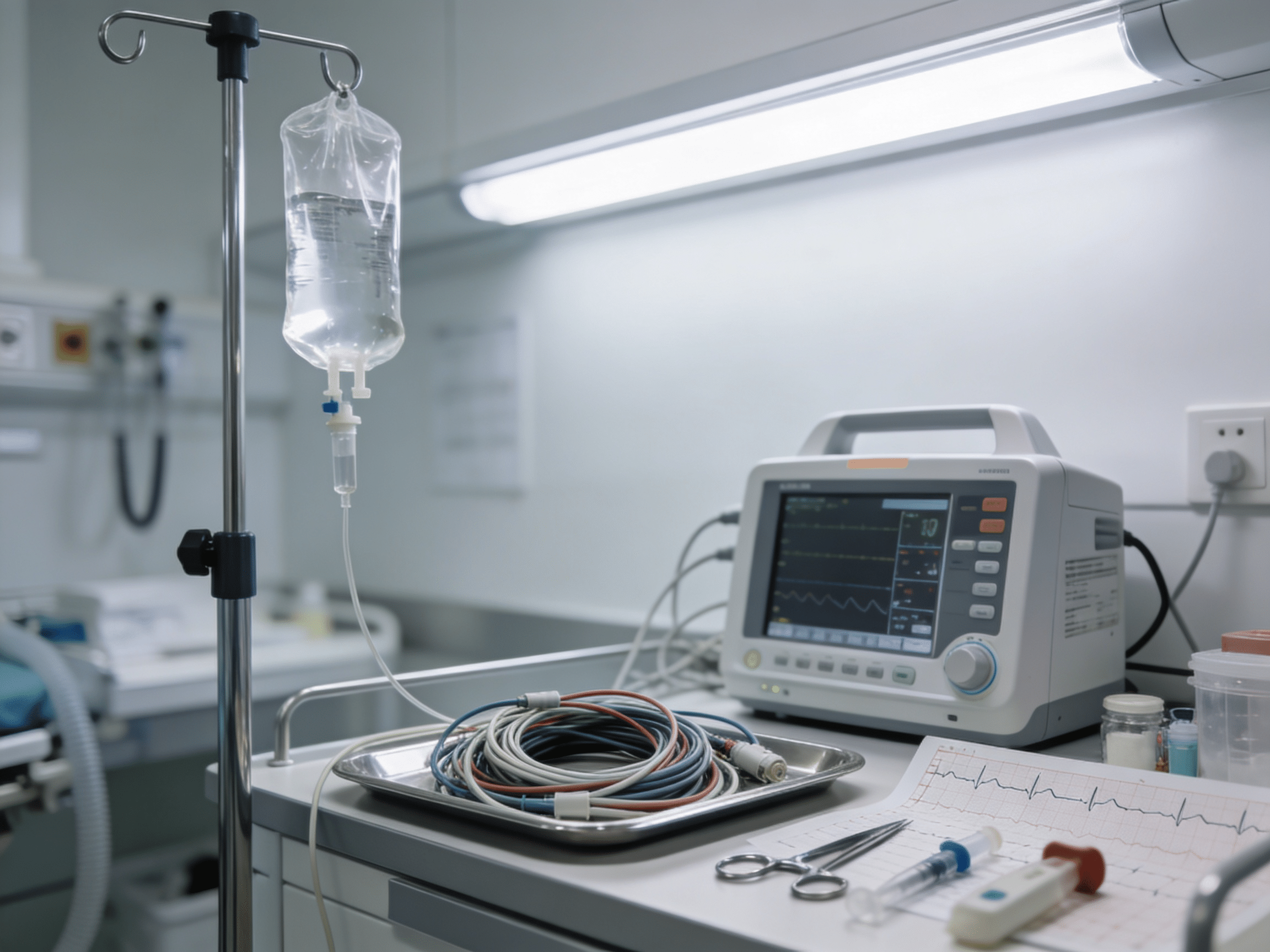 Priority ER medical team monitoring unstable angina patient with telemetry