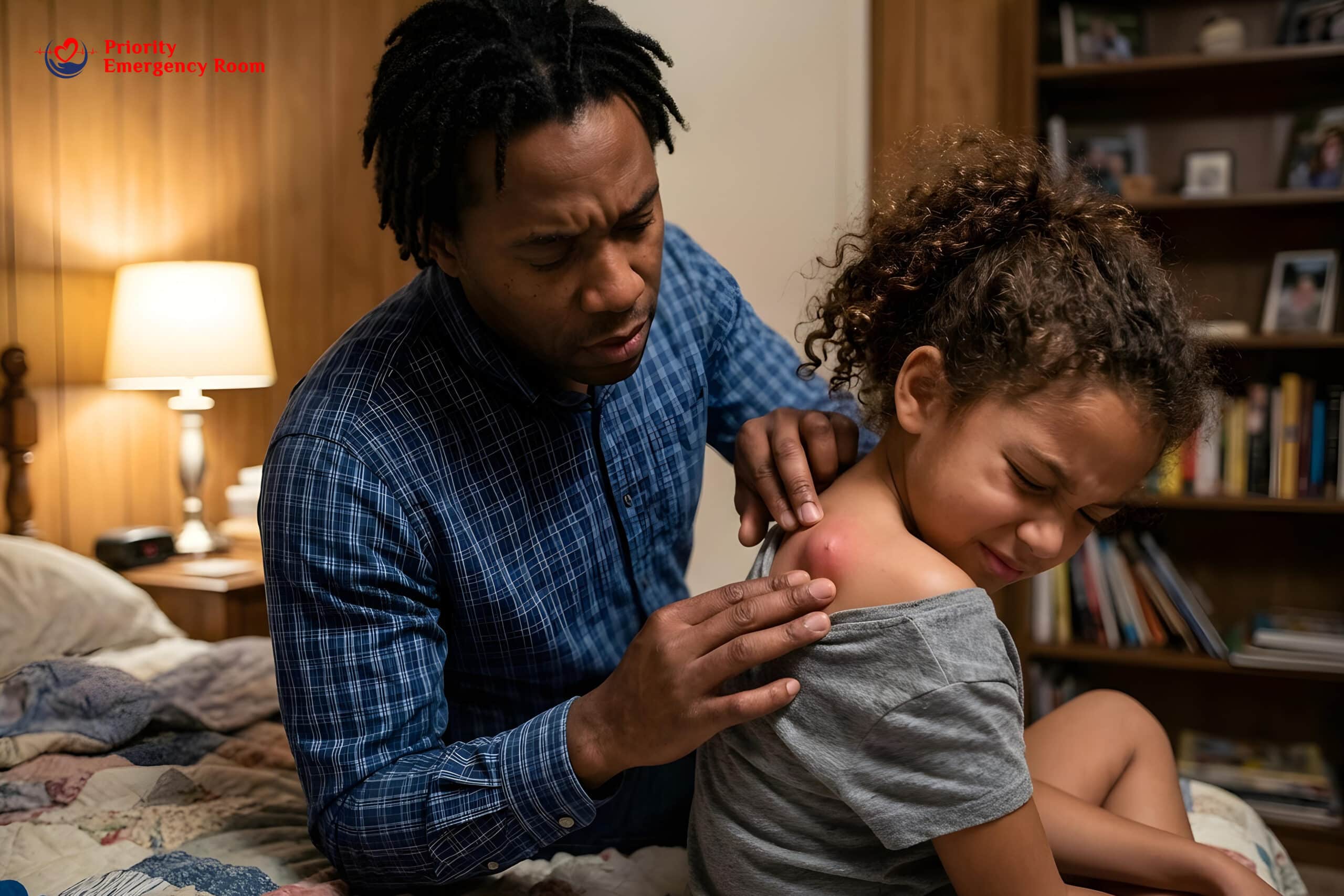 Child with fever from infected cyst needing emergency care