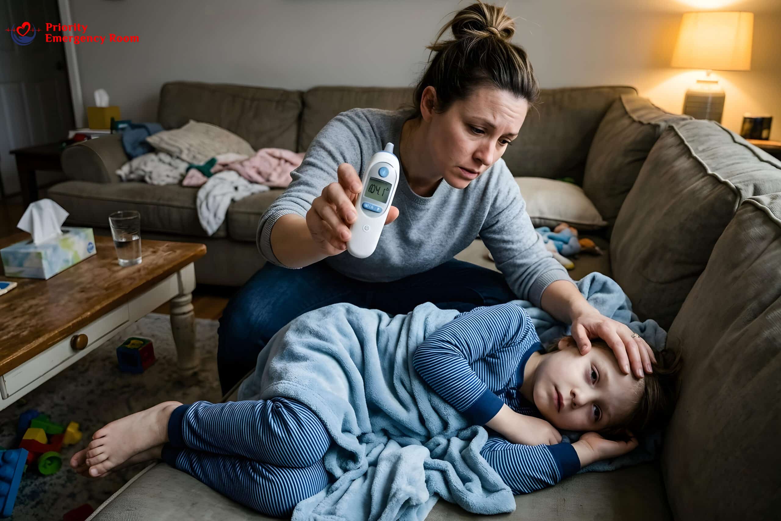 Child with fever - thermometer showing high temperature