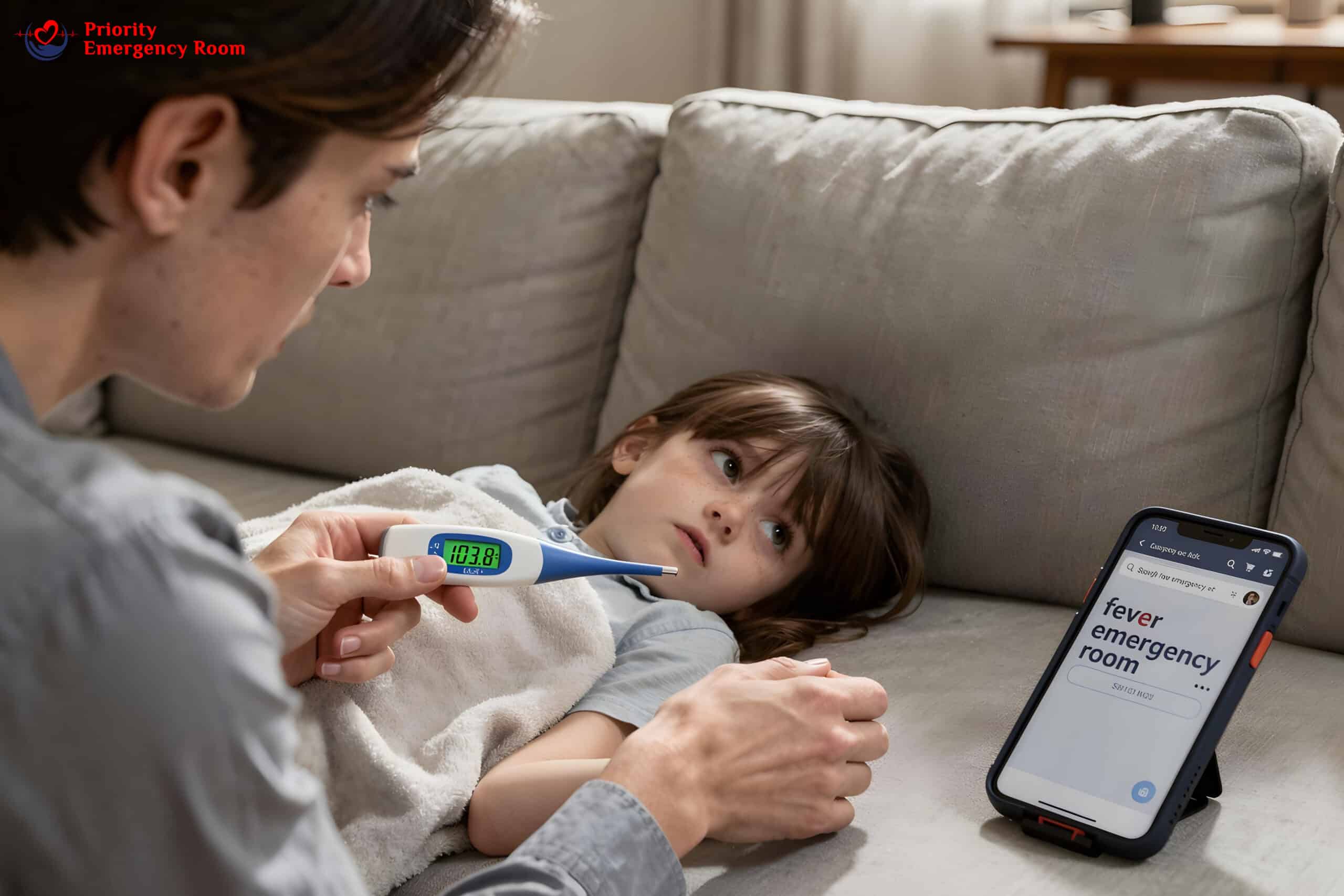 Child with fever - thermometer showing high temperature