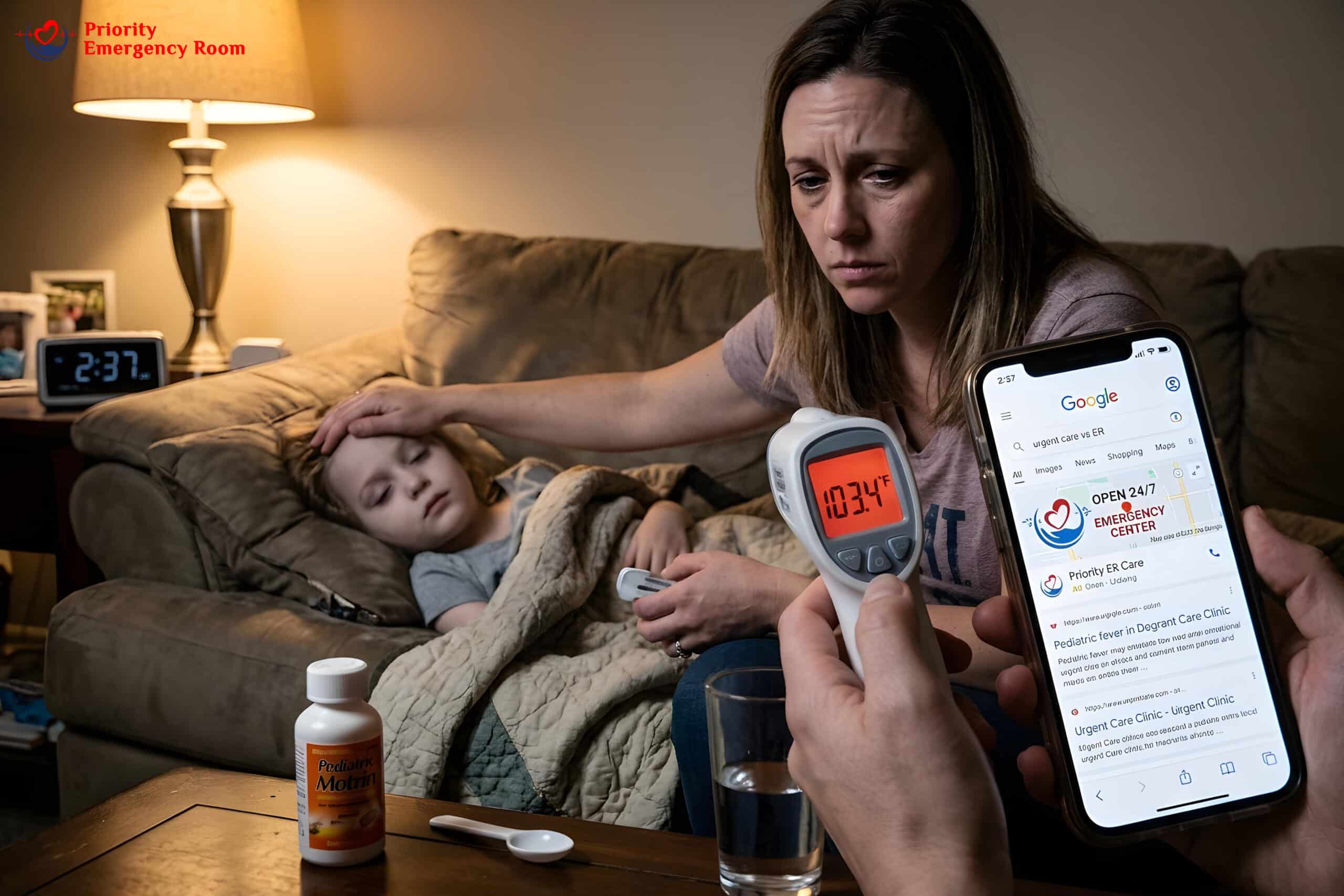 Child with fever - thermometer showing high temperature