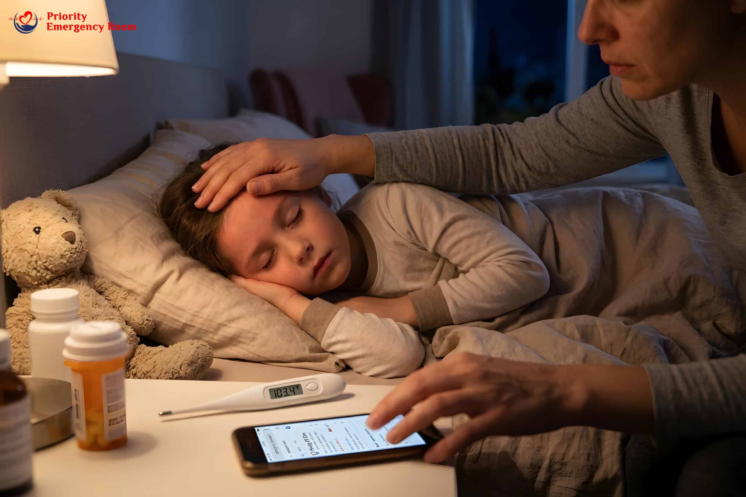 Child with fever - thermometer showing high temperature