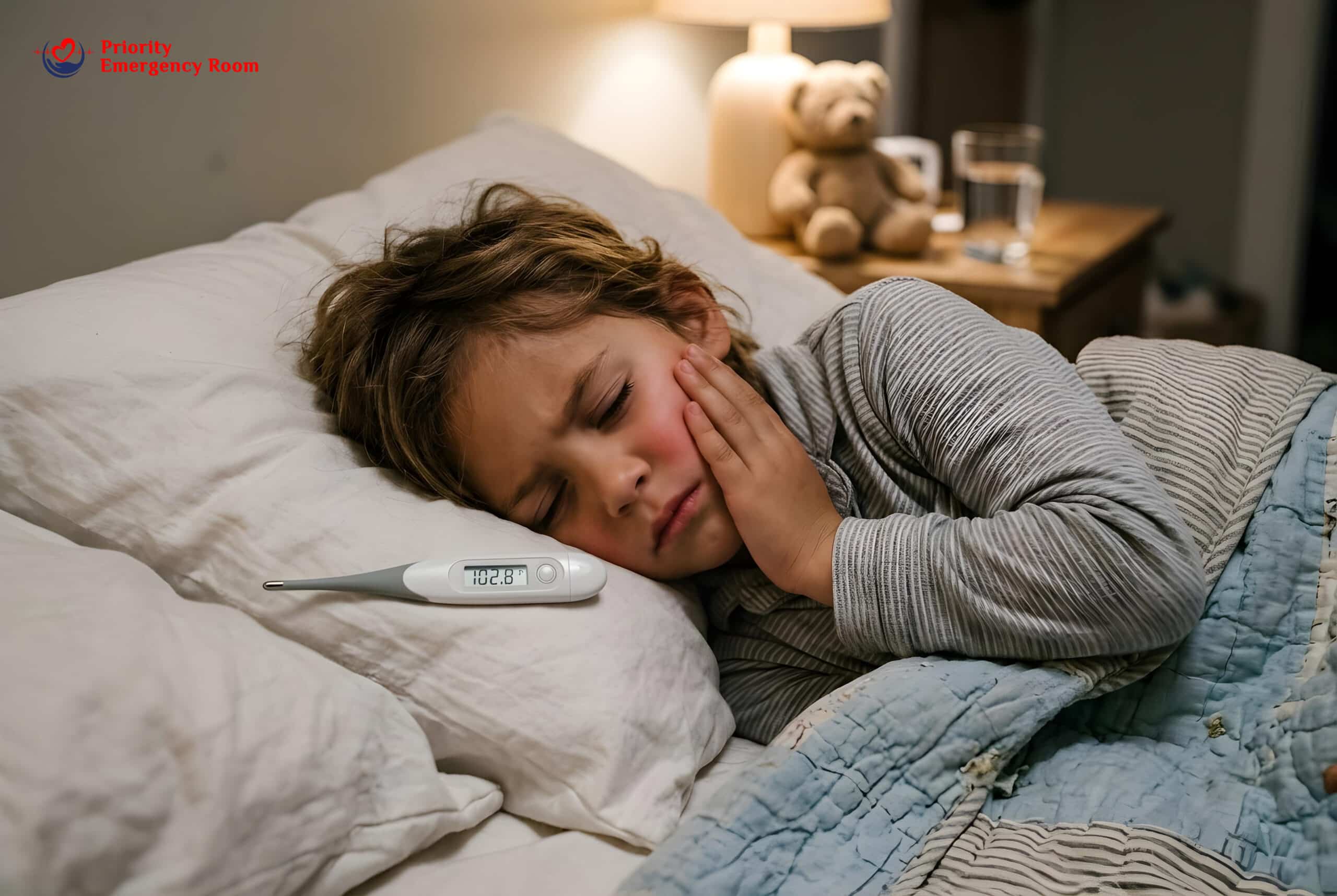 Child with high fever - thermometer showing dangerous temperature