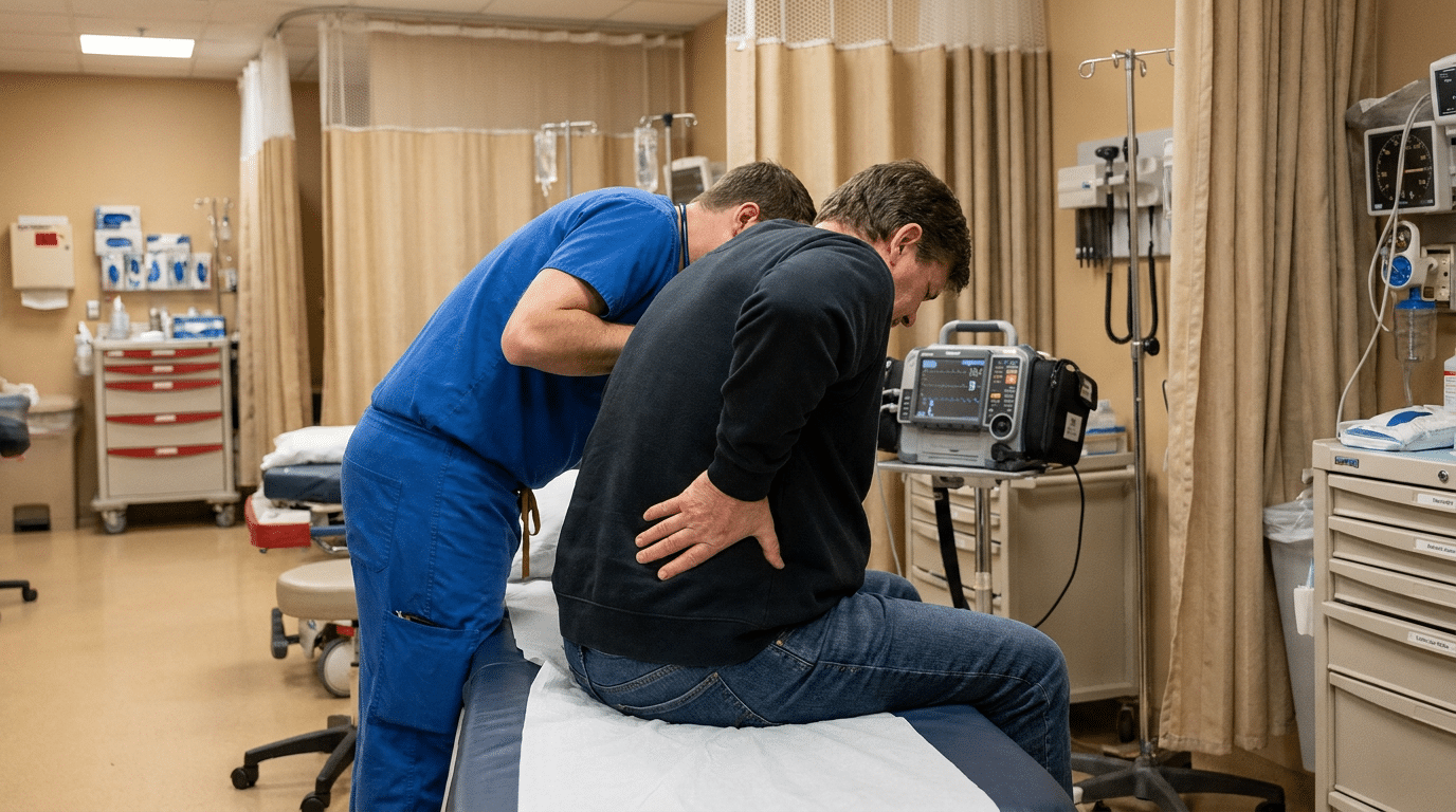 Patient with severe back pain after trauma needing emergency evaluation
